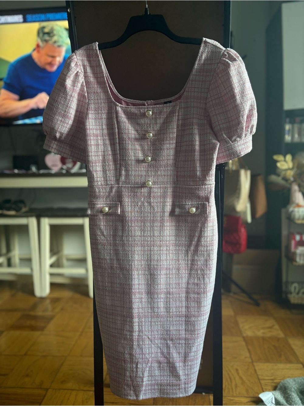 SHEIN Pink Plaid Puff-Sleeve Midi Dress with Pearl Buttons - Picture 1 of 8